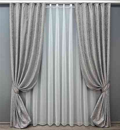 Комплект штор VR-Textil Лен Мрамор 200х270 2шт и Тюль 500х270 1714ш-1276т Серый с белым 71-009/6 Киев