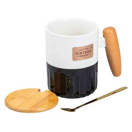 Фарфоровая чашка с бамбуковой крышкой, черная, 400 мл Киев