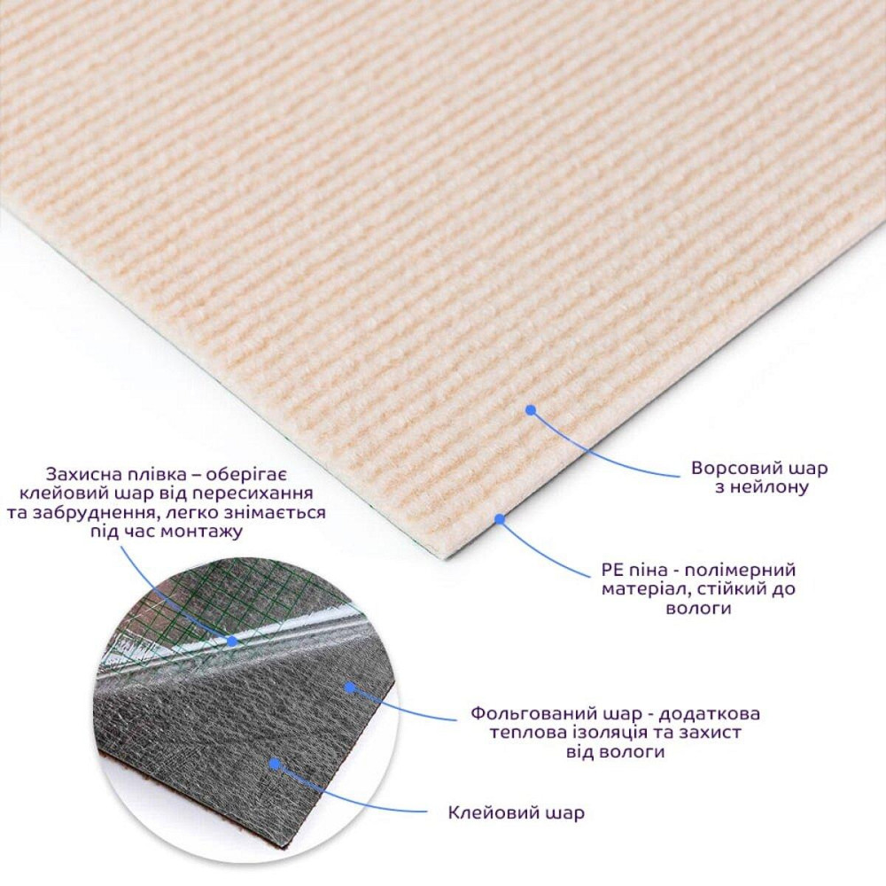 Самоклеящаяся плитка под ковролин молочный 600х600х4,5мм SW-00002483 Днепр - изображение 2