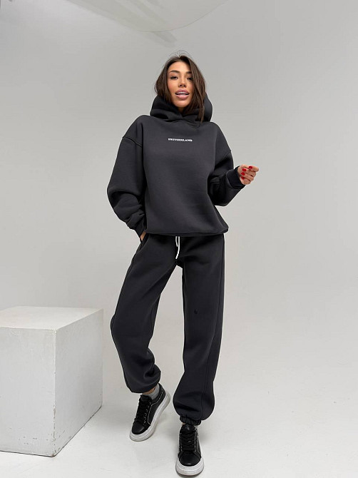 Жіночий стильний спортивний костюм-двійка: худі + штани, тринитка Пен'є на флісі турція Графіт, 50/52 Одеса - фото 2