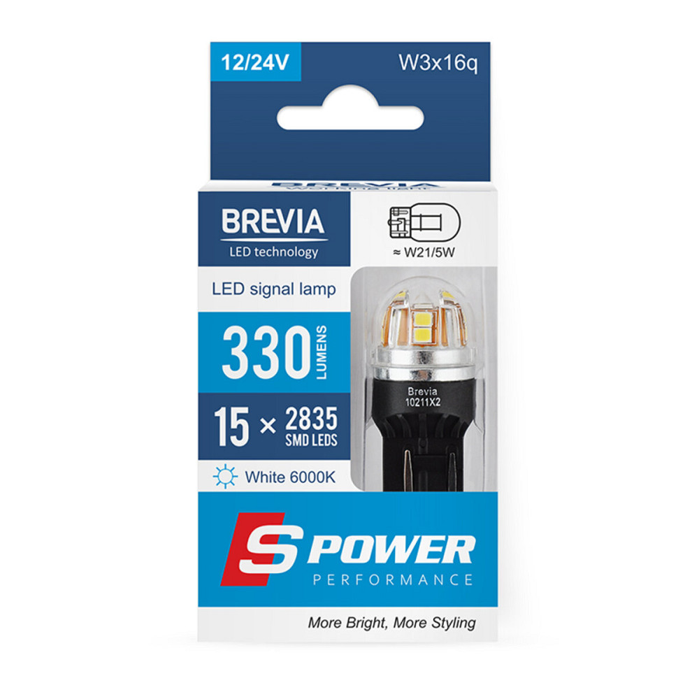 LED автолампа Brevia S-Power W21/5W 330Lm 15x2835SMD 12/24V CANbus, 2шт Київ - фото 1
