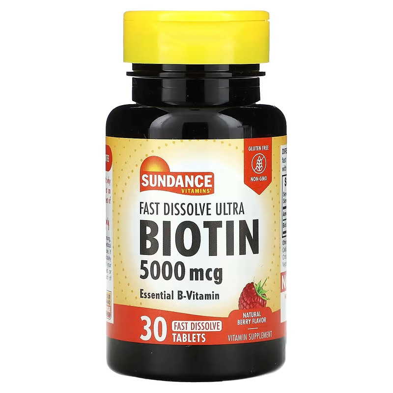 Биотин Sundance Vitamins Fast Dissolve Ultra Biotin, Natural Berry, 5,000 mcg, 30 Fast Dissolve Tablets Луцк - изображение 1