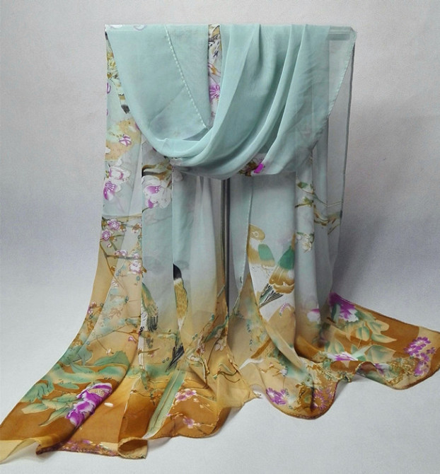 Женский шифоновый шарфик с птицами 145 на 48 см разноцветный Киев - изображение 4