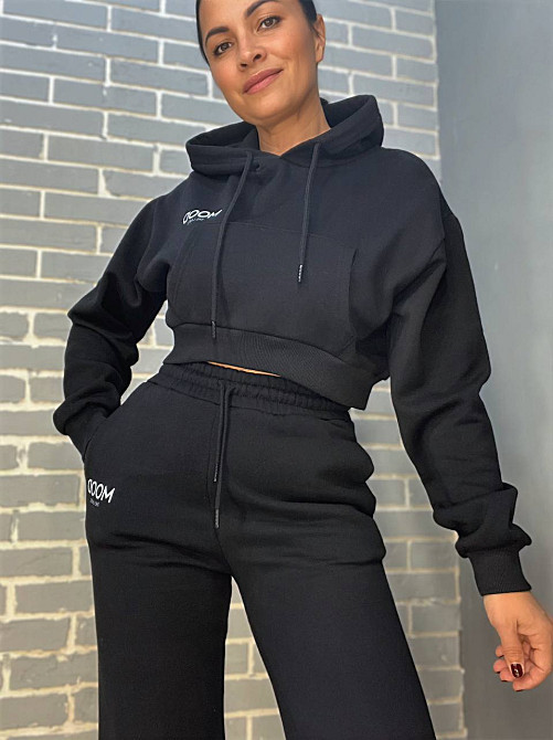 Костюм жіночий Quzen 493-497 укорочене худі з капюшоном MOOD брюки резинка фліс утеплений чорний, чорний, L Київ - фото 15