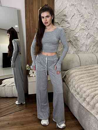 Жіночий прогулянковий костюм двійка: топ з довгим рукавом та штани турецька двохнитка. Сірий, 42/44 Одеса