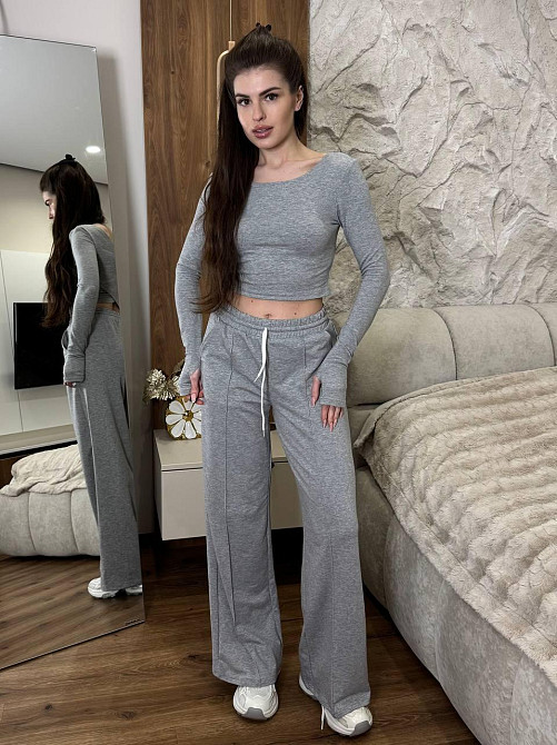 Женский прогулочный костюм двойка: топ с длинным рукавом и штаны турецкая двухнить. Серый, 42/44 Одесса - изображение 1