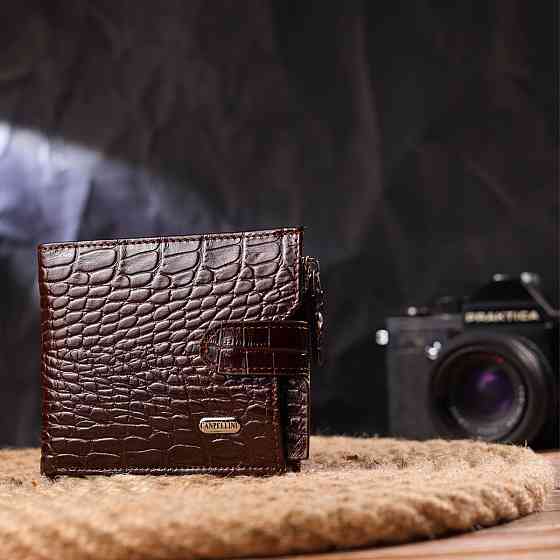 Горизонтальний чоловічий гаманець із натуральної фактурної шкіри Коричневий (CANPELLINI) Київ