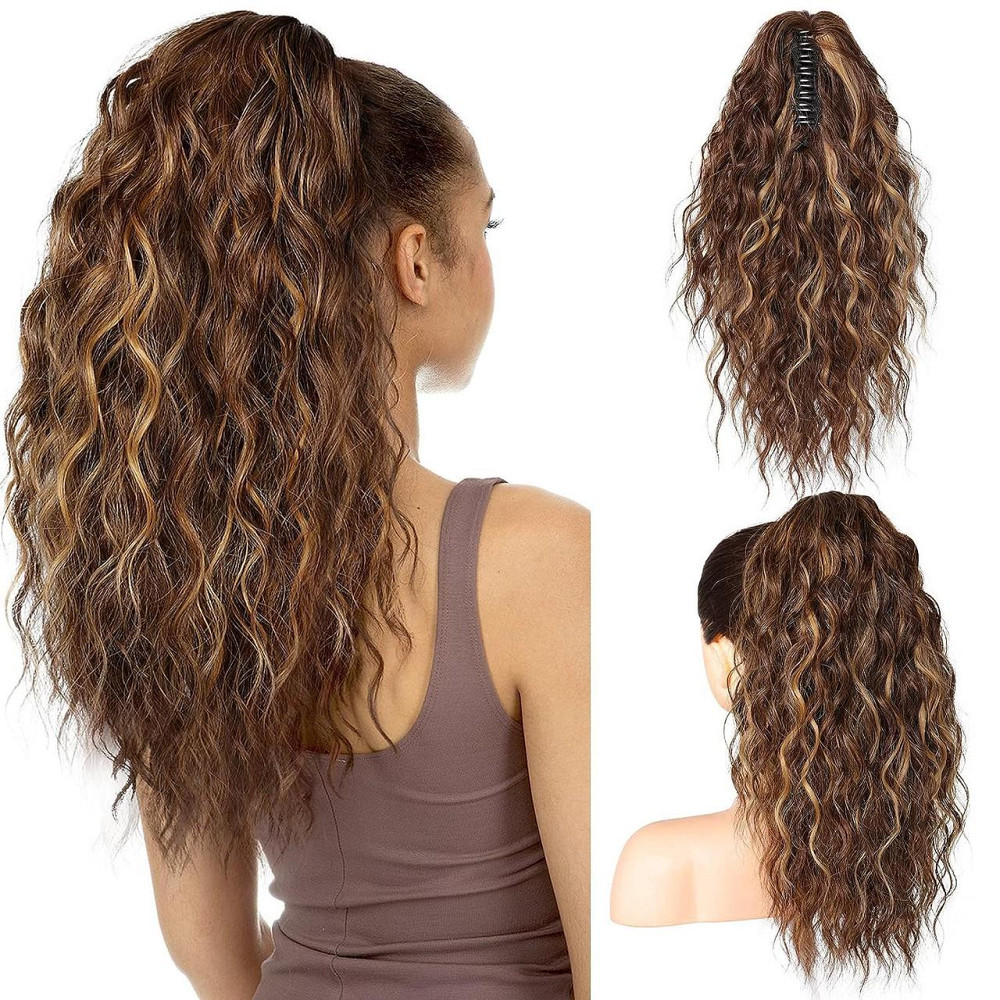 Накладний хвіст каштановий з меліруванням хвилястий, шиньйон на крабі затискачі 45 см, термостійке волосся коричневе з русявим Київ - фото 1