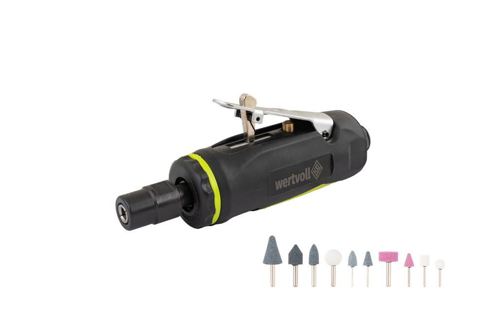 Шліфмашина пневматична пряма WERTVOLL 1/4" цанговий затискач 6 мм 25000 об/хв 100 л/хв 6.3 bar TPR покриття корпусу кейс з насадками PN-2002 Коломыя - изображение 1