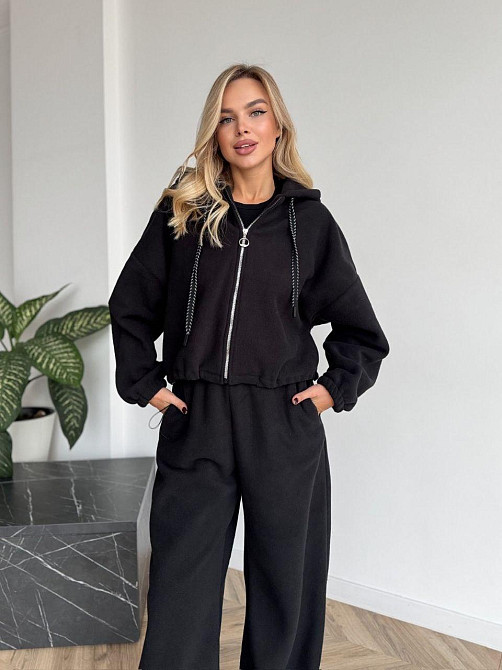 Женский стильный женский флисовый костюм-оверсайз с капюшоном. Черный, 50/52 Одесса - изображение 1