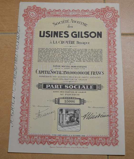 Акция. USINES GILSON. Бельгия. 1944 год №35006 (1.52) Полтава - изображение 1