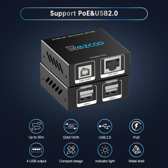 USB-удлинитель EX50-USB через Cat5e/Cat6 до 50 м, 4 порта USB 2.0, RJ45, 480 Мбит/с, Plug and Play, для камер и ПК, черный Киев