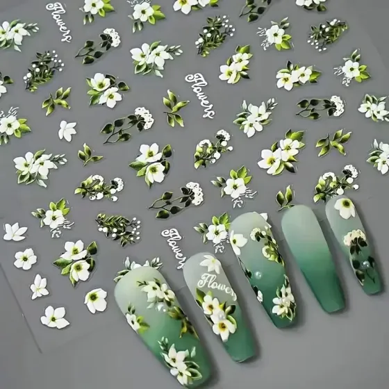 5D стікери для манікюру “Весняне цвітіння” – жасмін і зелене листя Київ