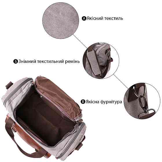 Дорожня сумка текстильна з кишенею Vintage 20191 Сіра Київ