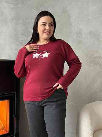 Піжама жіноча великого розміру штани та лонгслів батал PLUS SIZE з вишивкою зірки для дому та сну з довгими рукавами бордова 4XL Одеса