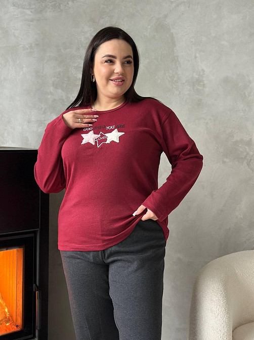 Піжама жіноча великого розміру штани та лонгслів батал PLUS SIZE з вишивкою зірки для дому та сну з довгими рукавами бордова 4XL Одеса - фото 4