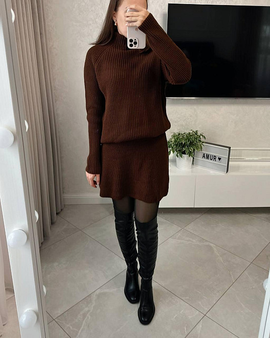 Женский базовый теплый костюм двойка мелкая машинная вязка Шоколад Одесса - изображение 4
