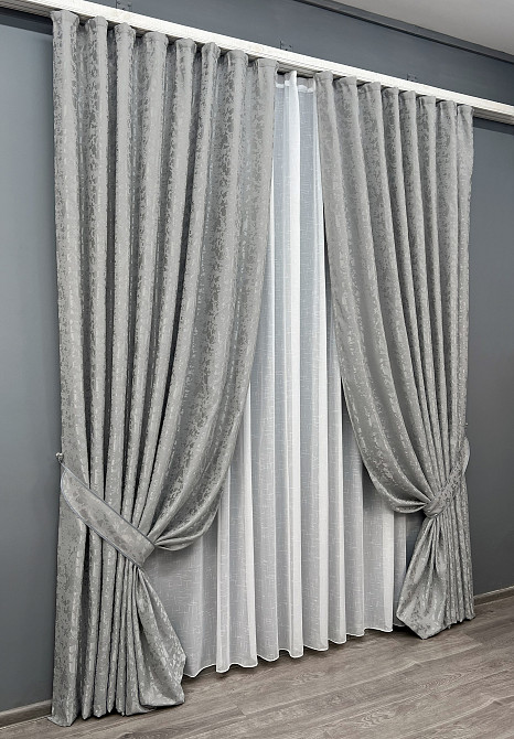 Комплект штор VR-Textil Льон Мармур 150х270 2шт і Тюль 500х270 1263ш-115т Світло-сірий з білим 71-125/4 Київ - фото 2