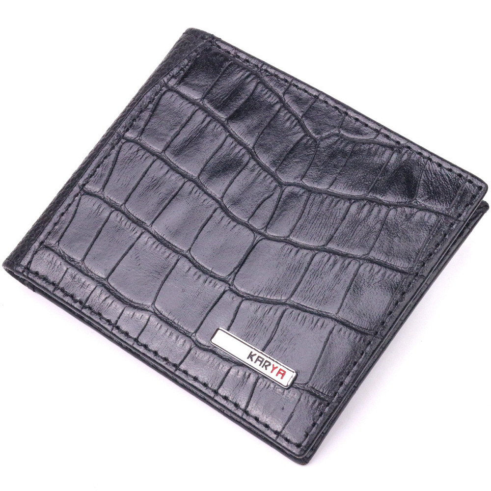 Мужской зажим с монетницей из натуральной кожи с тиснением под крокодила Черный (KARYA) Киев - изображение 5