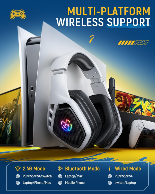 Бездротова ігрова гарнітура Tatybo WT5 7.1, 2.4 ГГц/Bluetooth 5.3, 50 мм, до 40 год, PS5/PS4/PC/Switch Київ - фото 7