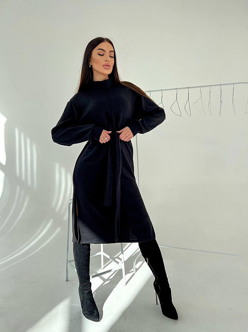 Женское стильное теплое удобное платье с разрезами турецкая двухсторонняя ангора люкс Черный, 48/50 Одесса - изображение 4