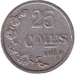 25 сантимів. 1954-72 рік, Люксембург. (АЗ) Полтава