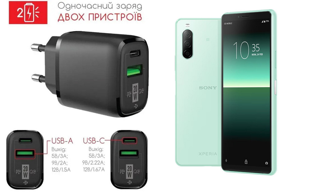 Сетевое зарядное устройство для Sony Xperia 10 II, 20W 3A, Quick Charge 3.0 Киев - изображение 1