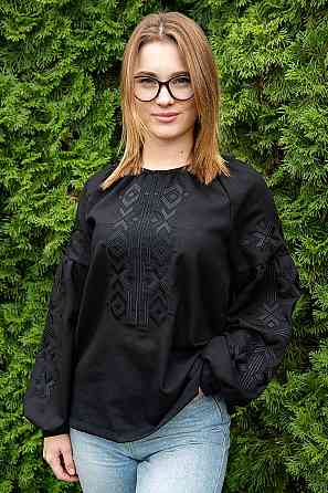 Вышиванка женская с длинным рукавом  льняная, черная топ 52/54 Киев