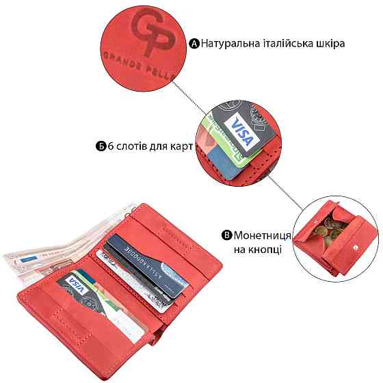 Яскраве шкіряне портмоне унісекс з накладної монетницьою GRANDE PELLE 11224 Червоне Київ