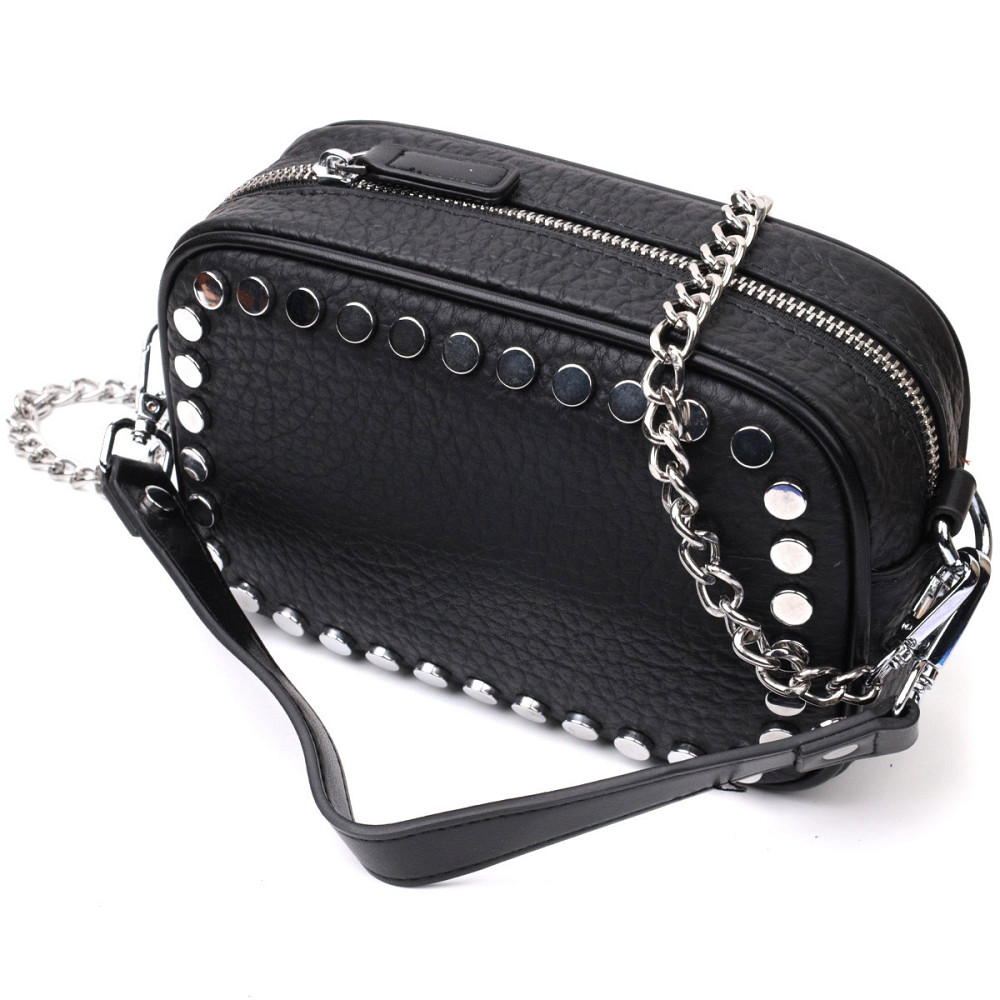 Стильна сумка декорована металевими кнопками з натуральної шкіри Vintage 22333 Чорна Київ - фото 1