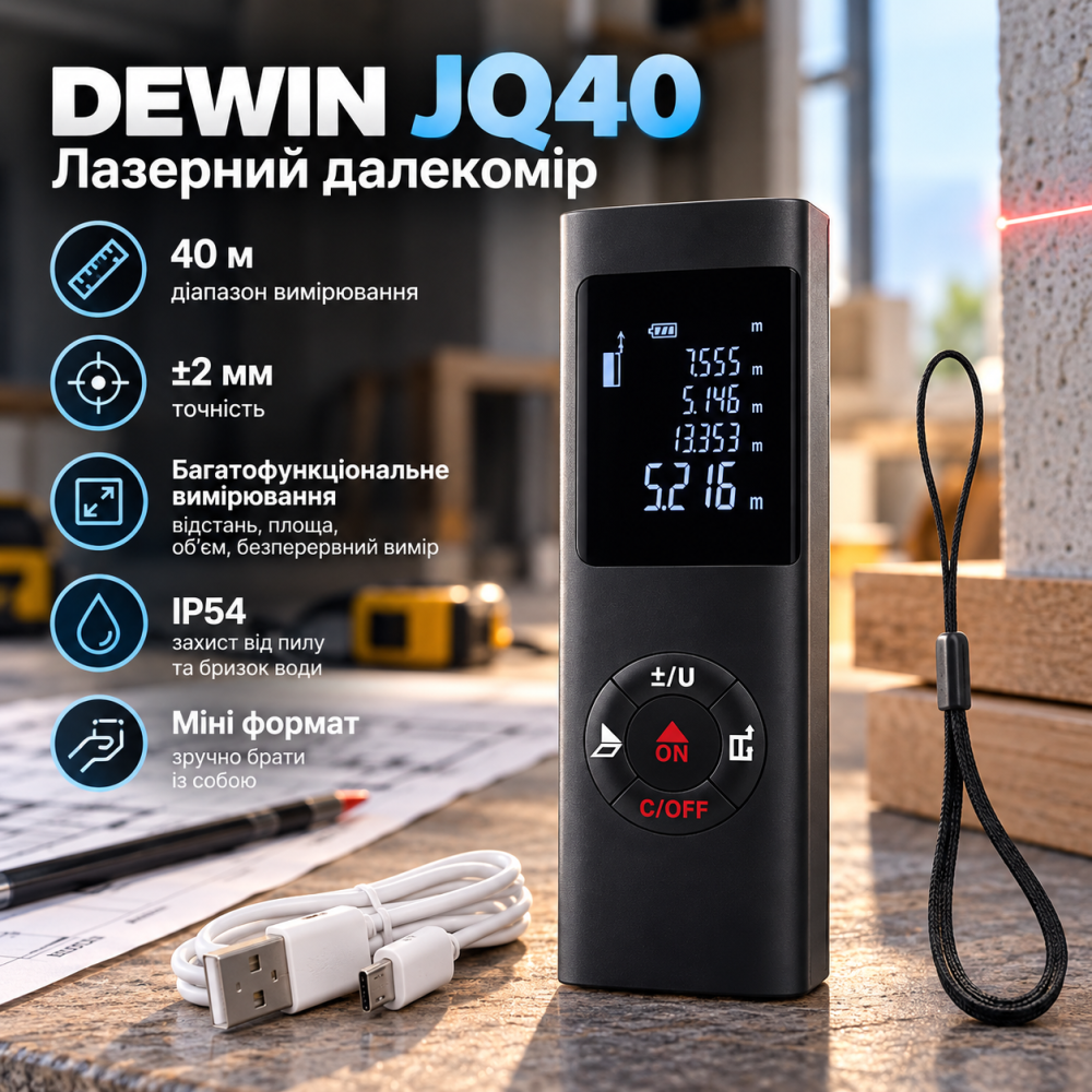 Лазерний далекомір DEWIN JQ40, 40 м, точність ±2 мм, цифровий вимірювач відстані, IP54, міні, для будівництва та ремонту Київ - фото 1