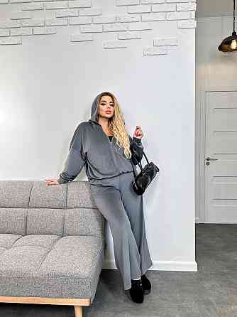 Жіночий теплий костюм-двійка: кофта та штани батал зі стразами велюр спорт на хутрі Сірий, 56/58 Одеса