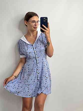 Жіноча сукня з штапелю з білим комірцем Блакитний з квітами M-L Харків