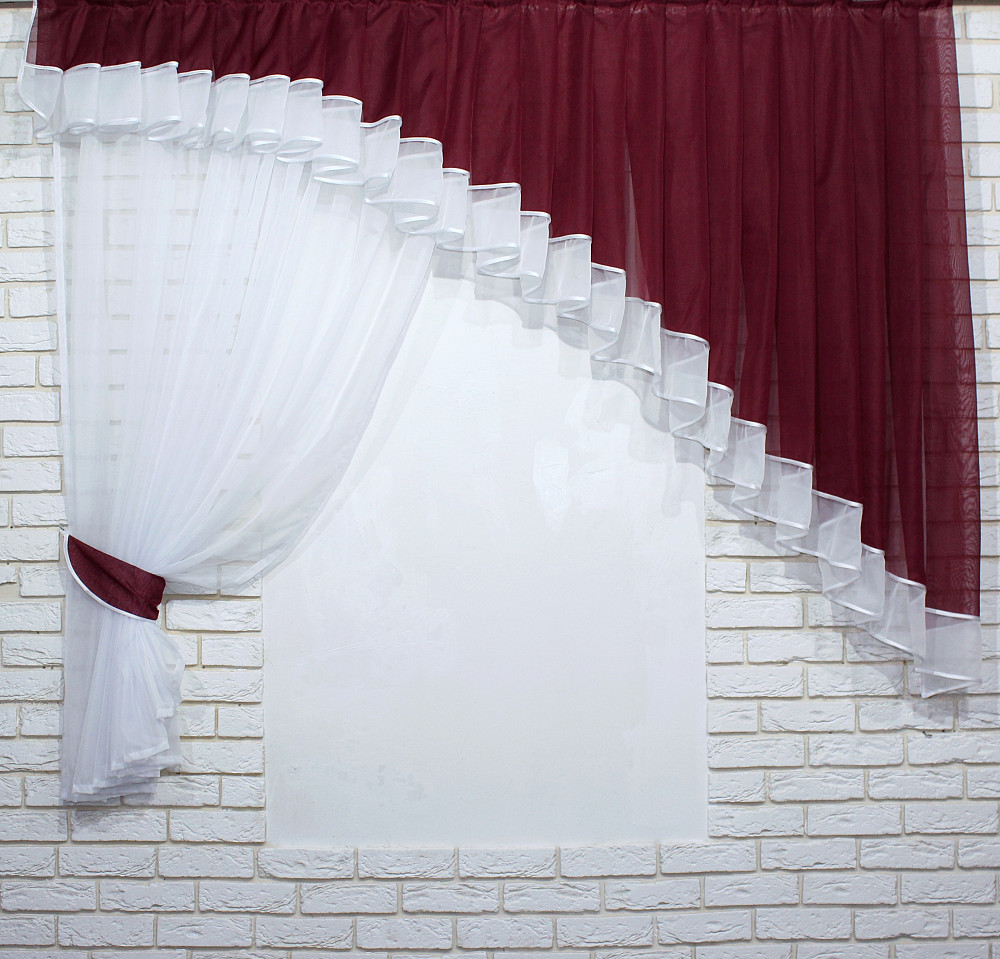 Кухонный комплект VR-Textil № 062к шторка с ламбрекеном бордовый белым 150х170 см (50-129) Киев - изображение 1