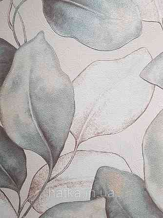 Обои виниловые на флизелиновой основе Rasch Incanto 1.06х10 листья крупные бирюзовые белые золотистые Киев