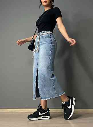 Женская юбка джинсовая Vanver 2032 длинная прямая с разрезом и поясом стрейчевая голубая, голубой, З2, 32, 89 см, 112 см Киев