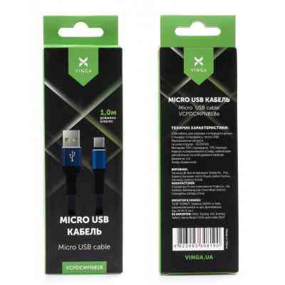 Дата кабель USB 2.0 AM to Micro 5P 1m flat nylon blue Vinga (VCPDCMFNB1B) Винница