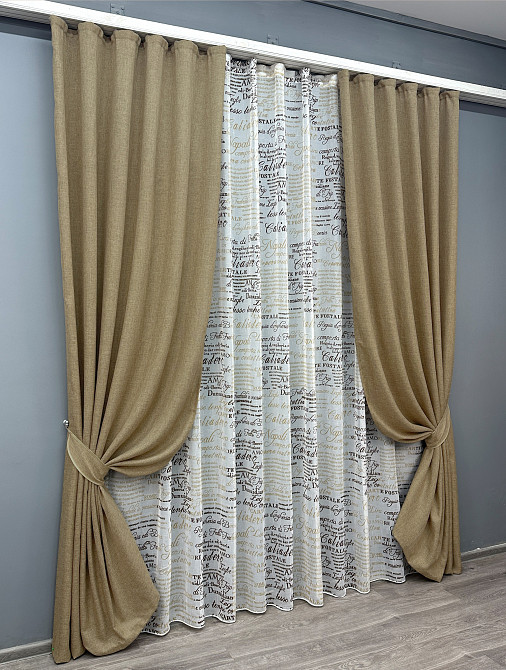 Комплект штор VR-Textil Лен Мешковина 100х270 2шт и Тюль 400х270 673ш-1790т Капучино с белым 71-063/2 Киев - изображение 2