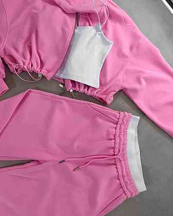 Женский прогулочный оверсайз костюм тройка: кофта топ и брюки двунить + микродайвинг Розовый Одесса
