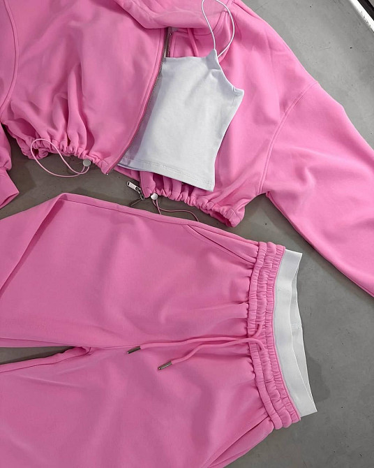 Женский прогулочный оверсайз костюм тройка: кофта топ и брюки двунить + микродайвинг Розовый Одесса - изображение 3