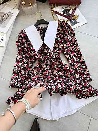 Жіноча романтична мінісукня-комбінезон у квітковий принт із білим коміром софт+котон Чорний, 44/46 Одеса