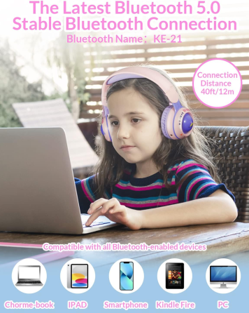 Б/В Дитячі бездротові Bluetooth навушники JYPS KE-21 Динозавр зі світлодіодним підсвічуванням, мікрофоном, складні, фіолетові Київ