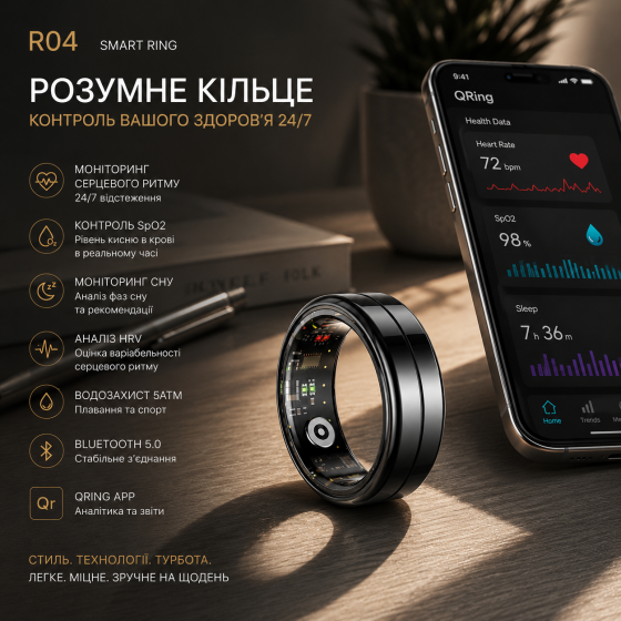 Розумне кільце R04 Smart Ring QRing | Моніторинг пульсу, SpO₂, сну, HRV, стресу, 5ATM, Bluetooth, до 7 днів автономності Київ