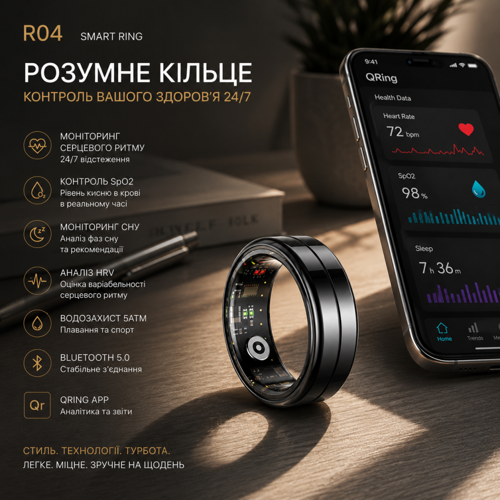 Розумне кільце R04 Smart Ring QRing | Моніторинг пульсу, SpO₂, сну, HRV, стресу, 5ATM, Bluetooth, до 7 днів автономності Київ - фото 3