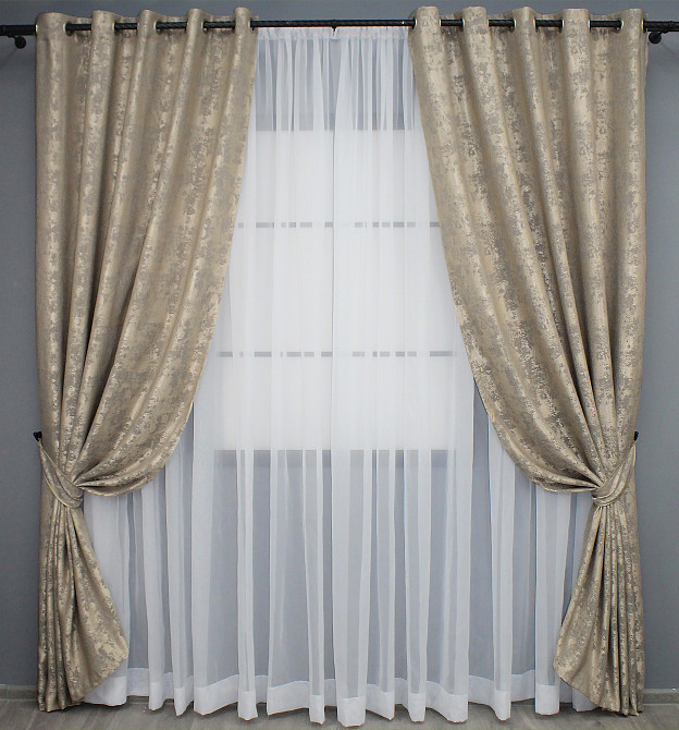 Комплект штор на люверсах VR-Textil Жаккард Sultan YL № 1208ш бежево-серый 150х250 см 2 шт (37-0009) Киев - изображение 3