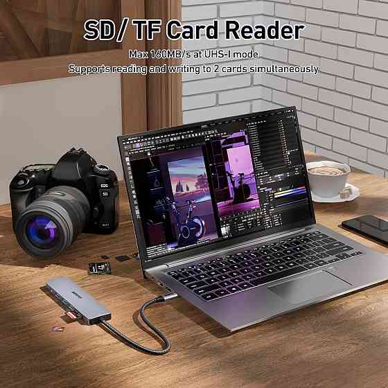 USB-хаб BENFEI 7в1, багатопортовий адаптер USB-C з HDMI, док-станція кардрідер SD/TF, PD 100 Вт для ноутбука, iPhone, iPad Київ
