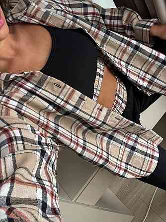 Женский прогулочный костюм тройка: рубашка в клетку топ и штаны фланель + двунитка Одесса