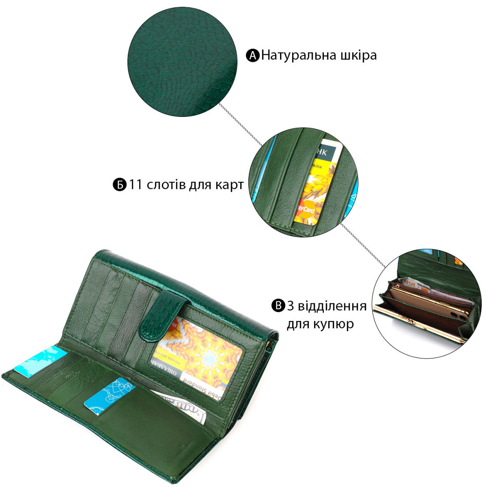 Лакований жіночий гаманець із блоком для візиток з натуральної шкіри ST Leather 19424 Зелений Київ - фото 7