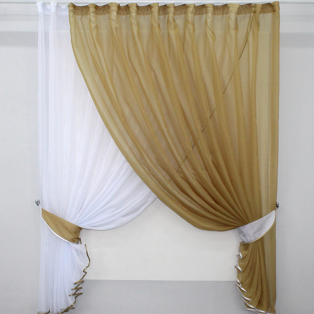 Кухонні шторки VR-Textil № 060к "Дует" з підв'язками темно-бежевий з білим 330х170 см (50-628) Київ - фото 1