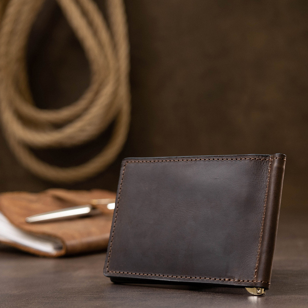 Кожаный мужской зажим для денег GRANDE PELLE 11540 Коричневый Киев - изображение 3